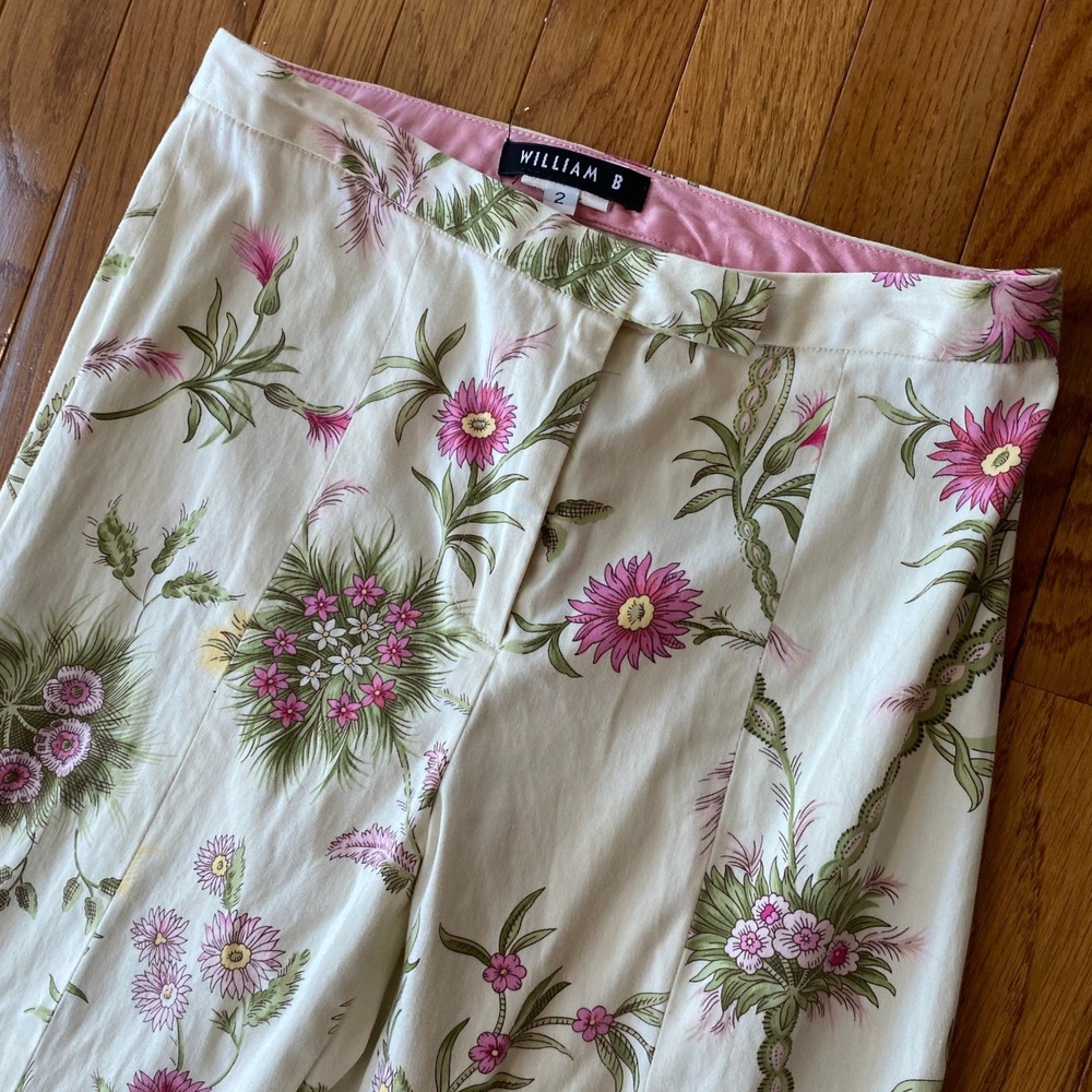 Vintage Y2K William B Floral Straight Leg Trousers Silk Trim Ankle Slit Size 2 4 - Picture 2 of 12